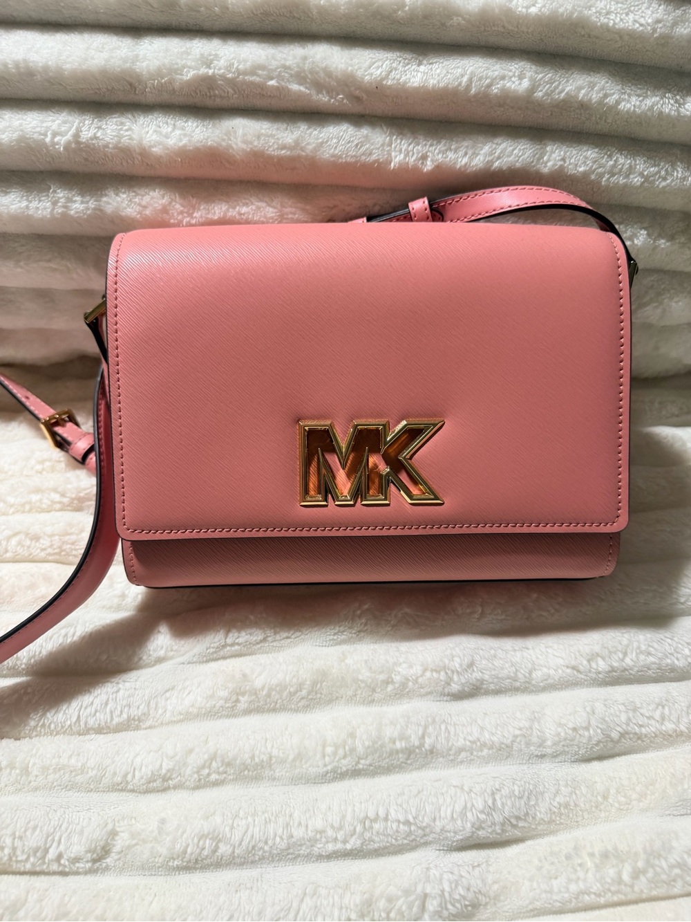 Michael Kors Pink Saffiano Leather Crossbody with Gold MK Emblem